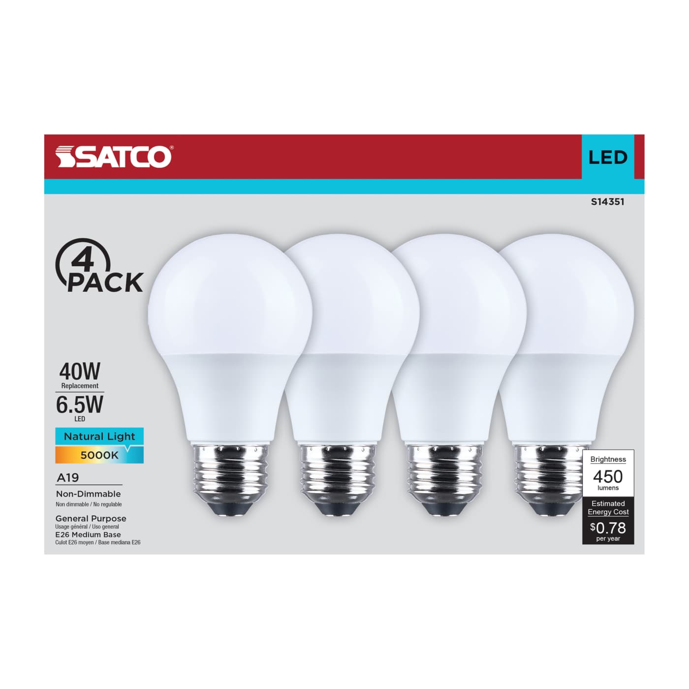 6.5A19L/950/E26/P/ND/4PK - S14351