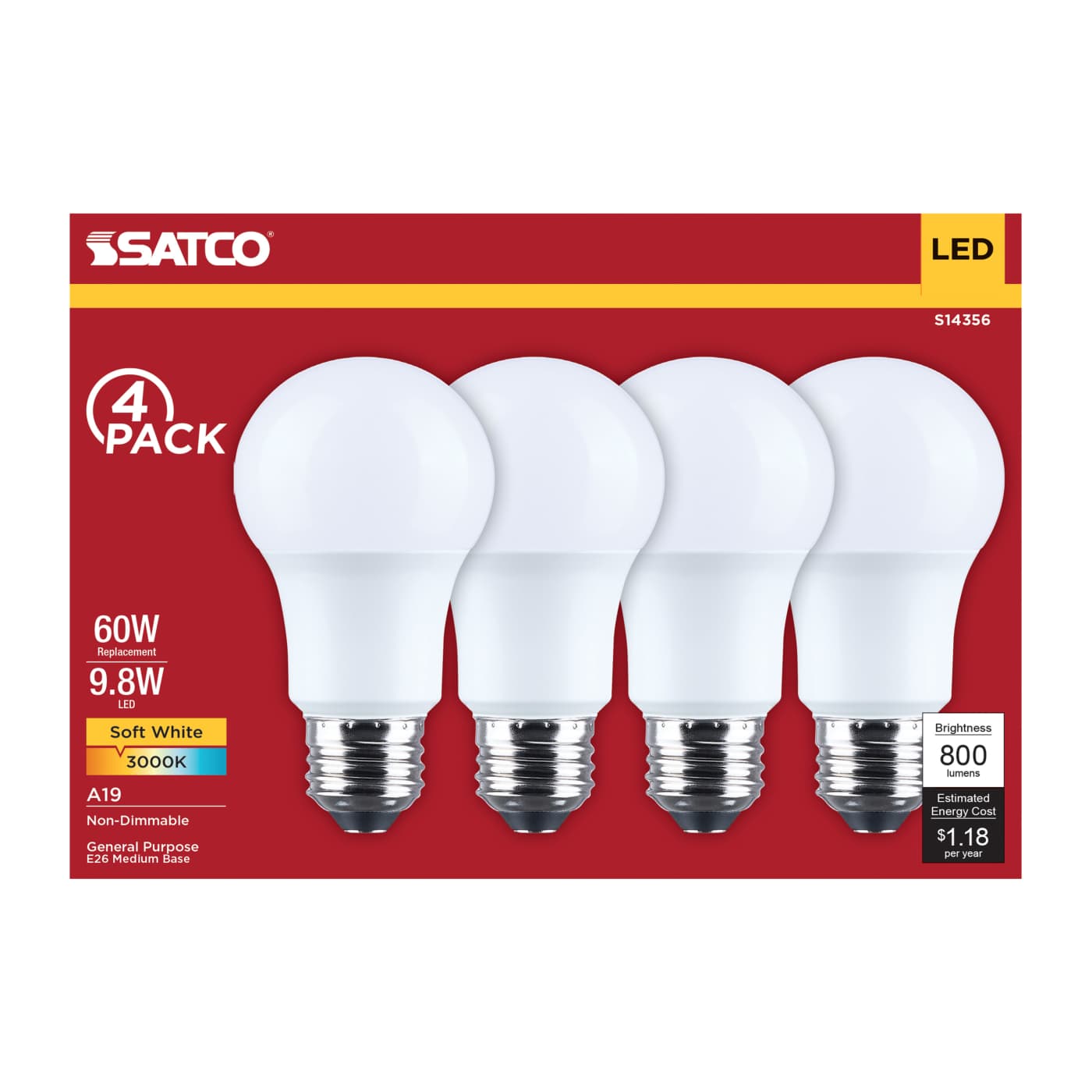 9.8A19L/930/E26/P/ND/4PK - S14356