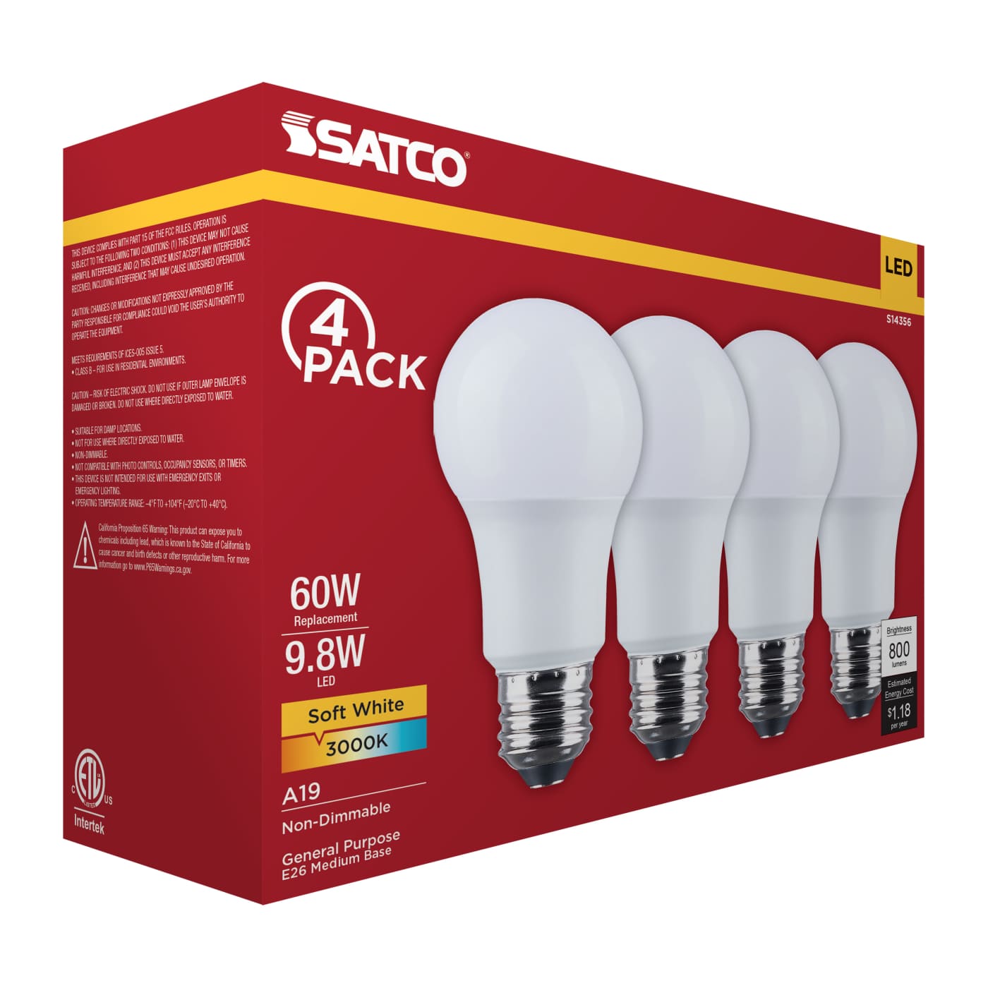 9.8A19L/930/E26/P/ND/4PK - S14356