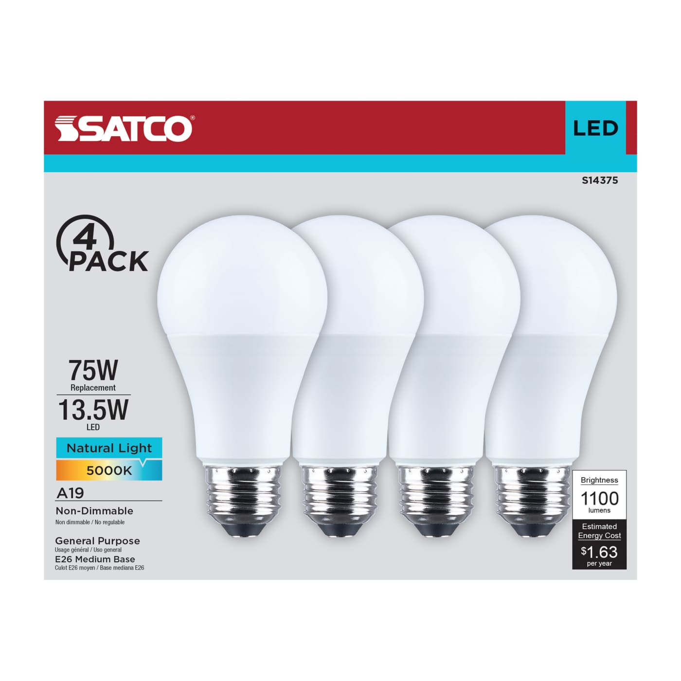 13.5A19L/950/E26/P/ND/4PK - S14375
