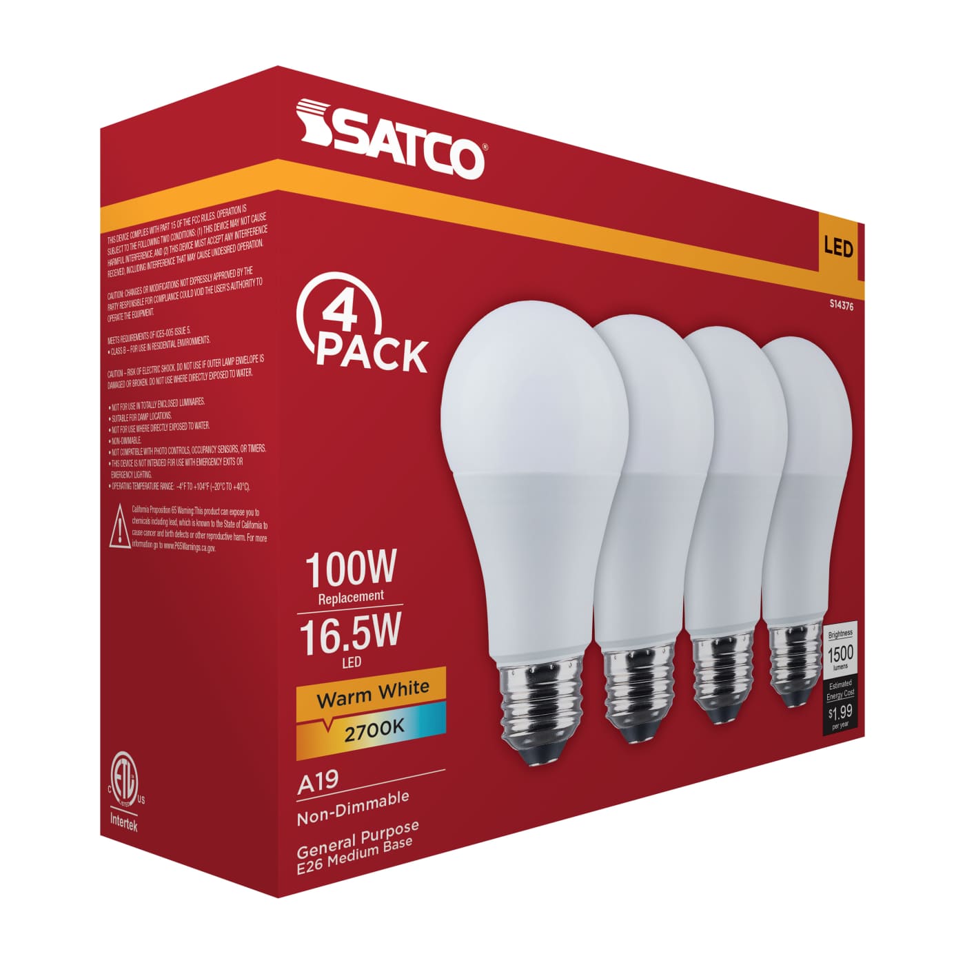 16.5A19L/927/E26/P/ND/4PK - S14376