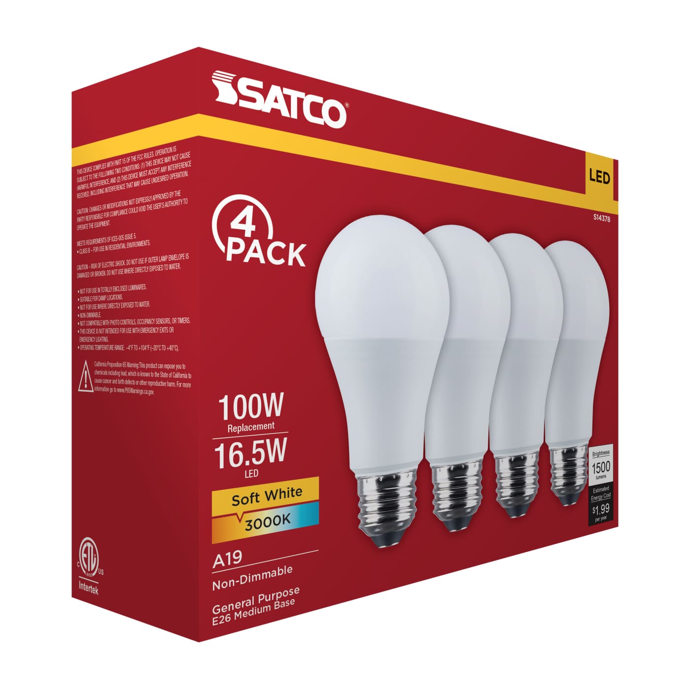 16.5A19L/930/E26/P/ND/4PK - S14378