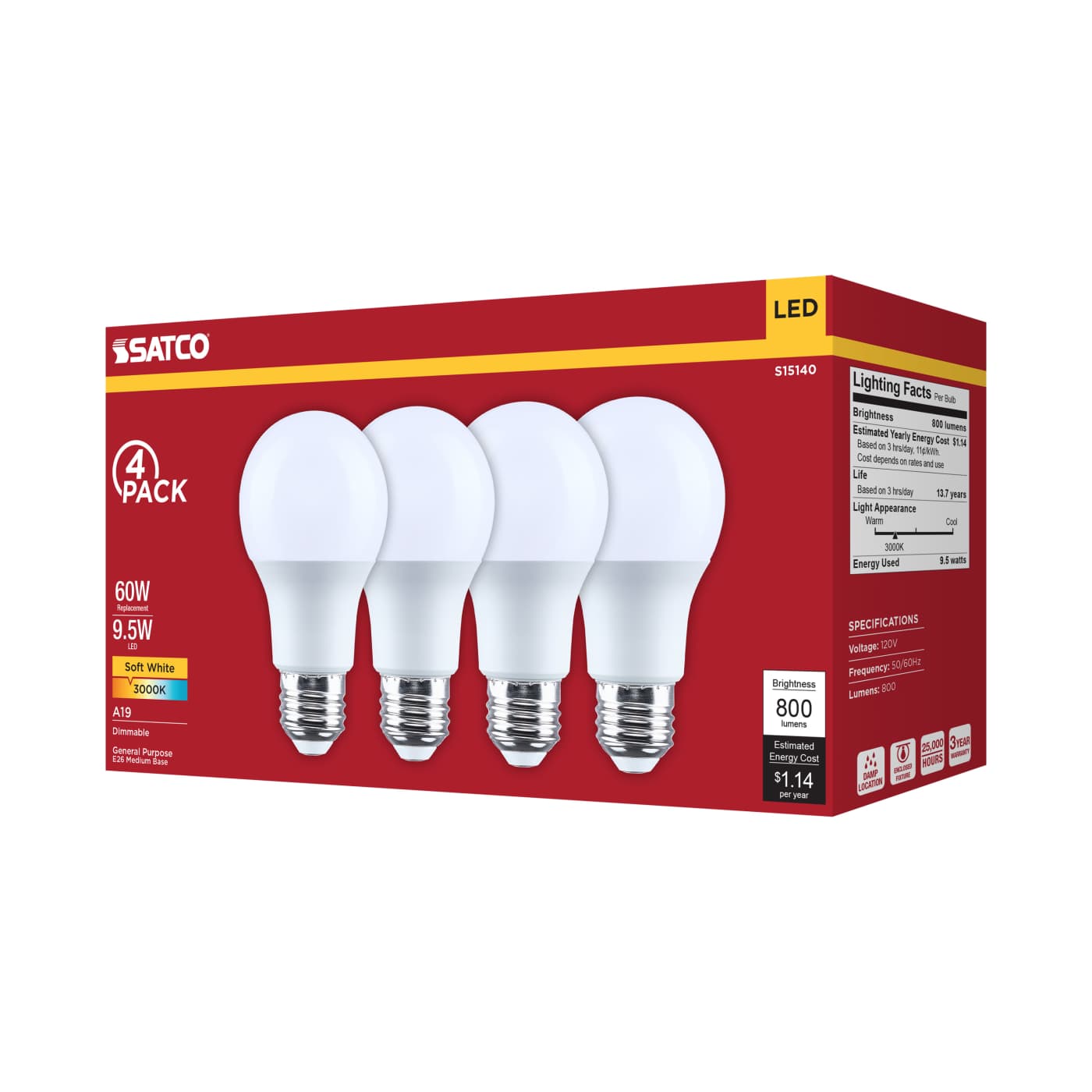 9.5A19L/830/E26/P/D/4PK - S15140