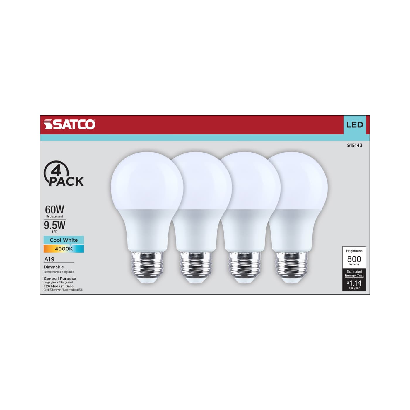 9.5A19L/840/E26/P/D/4PK - S15143