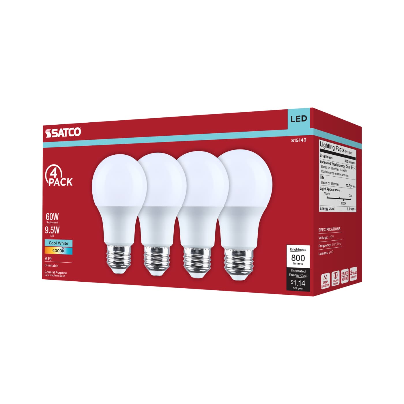 9.5A19L/840/E26/P/D/4PK - S15143