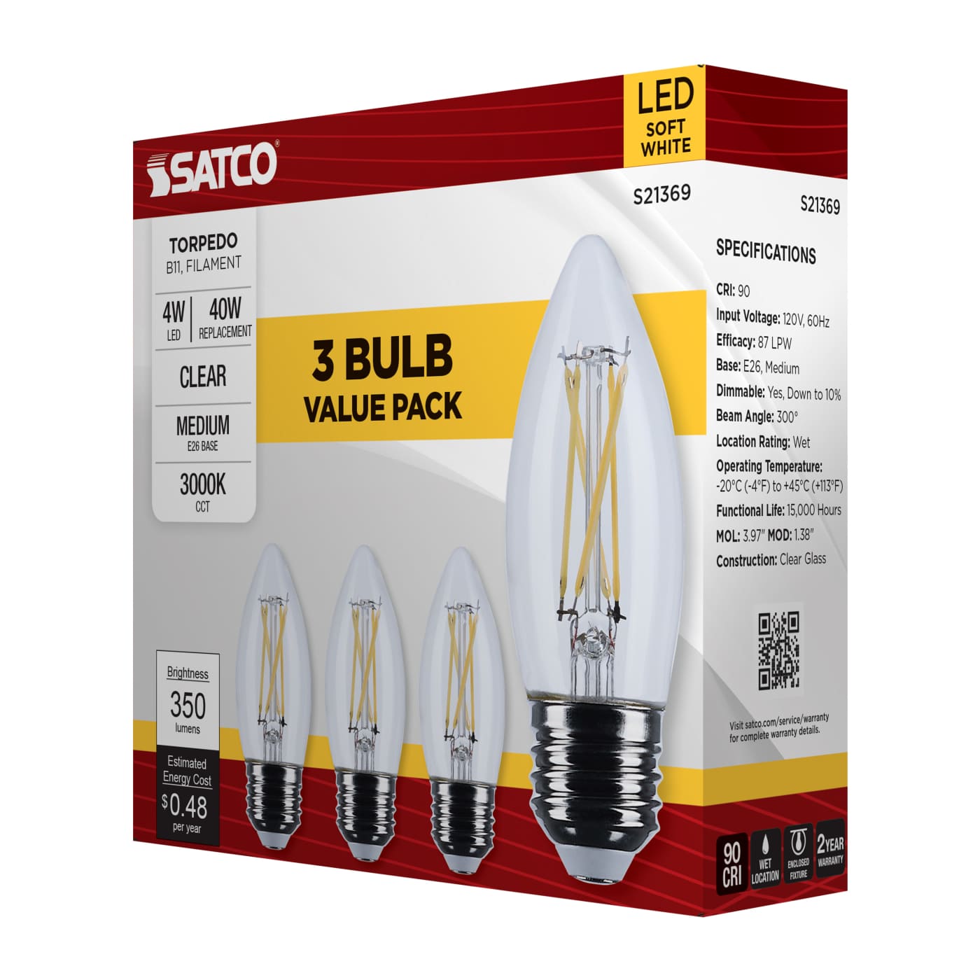 4B11/LED/930/CL/120V/E26/3PK - S21369
