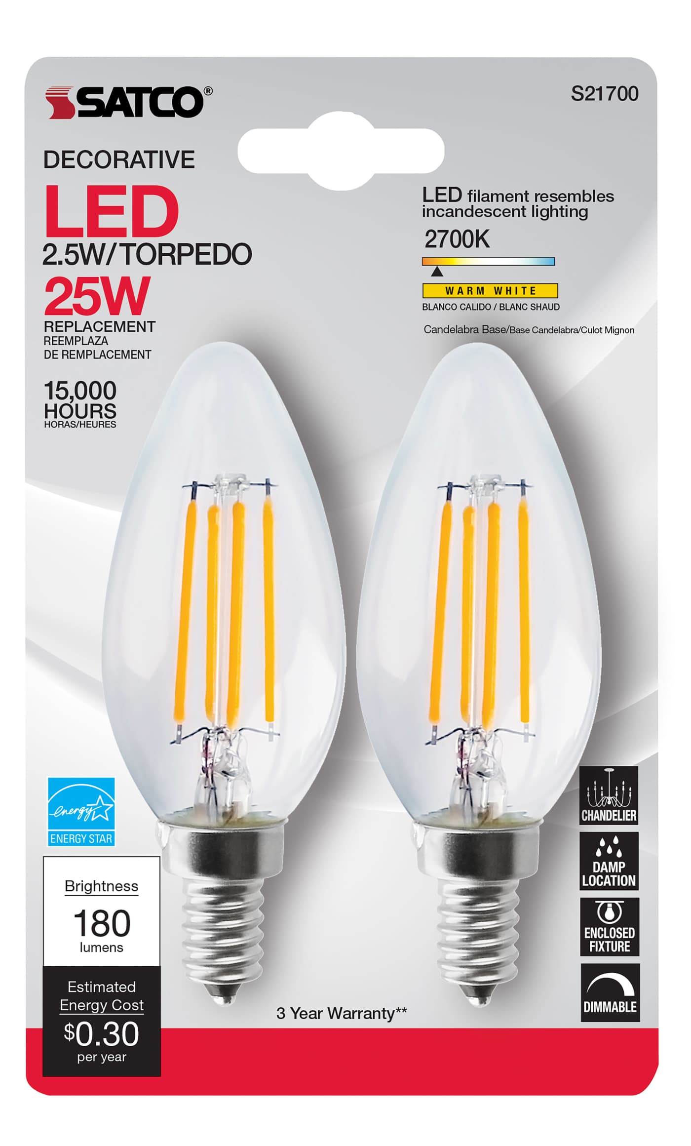 2.5W CTC/LED/27K/CL/120V/2CD - S21700