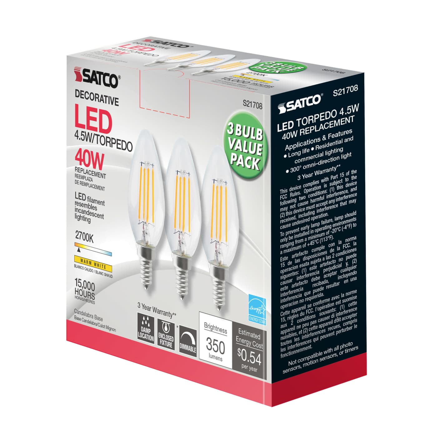 4.5W CTC/LED/27K/CL/120V/3PK - S21708