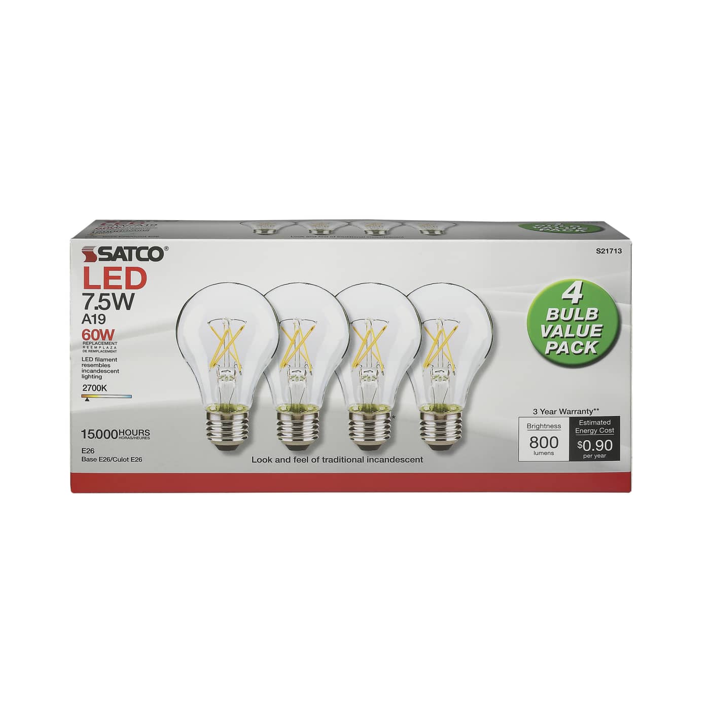 7.5A19/CL/LED/E26/27K/120V/4PK - S21713