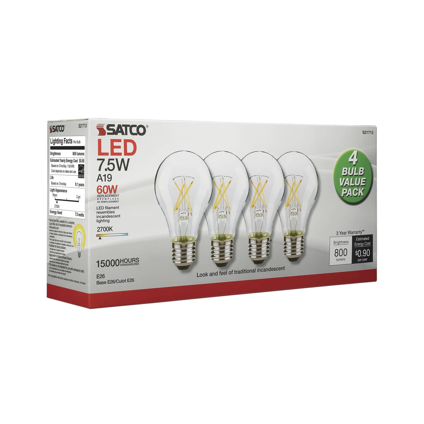 7.5A19/CL/LED/E26/27K/120V/4PK - S21713