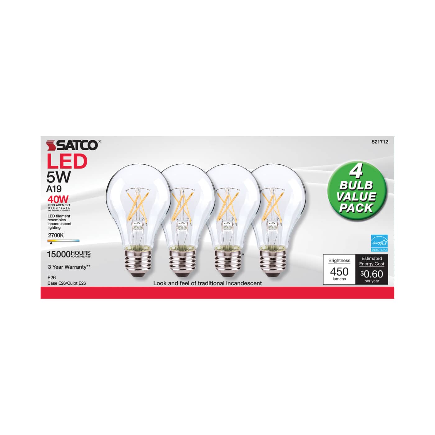 7.5A19/SW/LED/E26/27K/120V/4PK - S21714