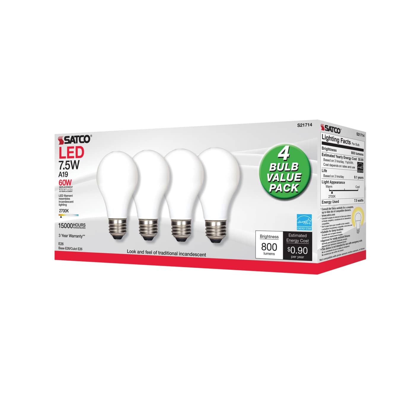 7.5A19/SW/LED/E26/27K/120V/4PK - S21714