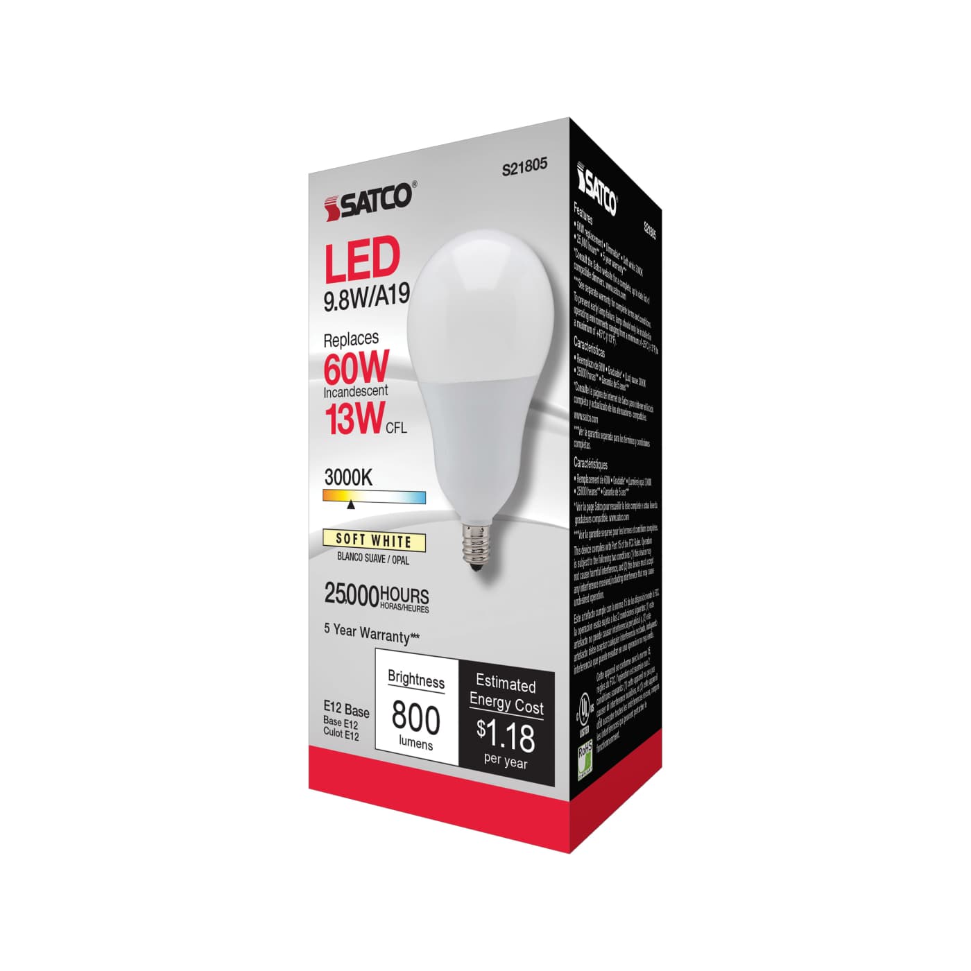 9.8A19/OMNI/220/LED/E12/30K - S21805