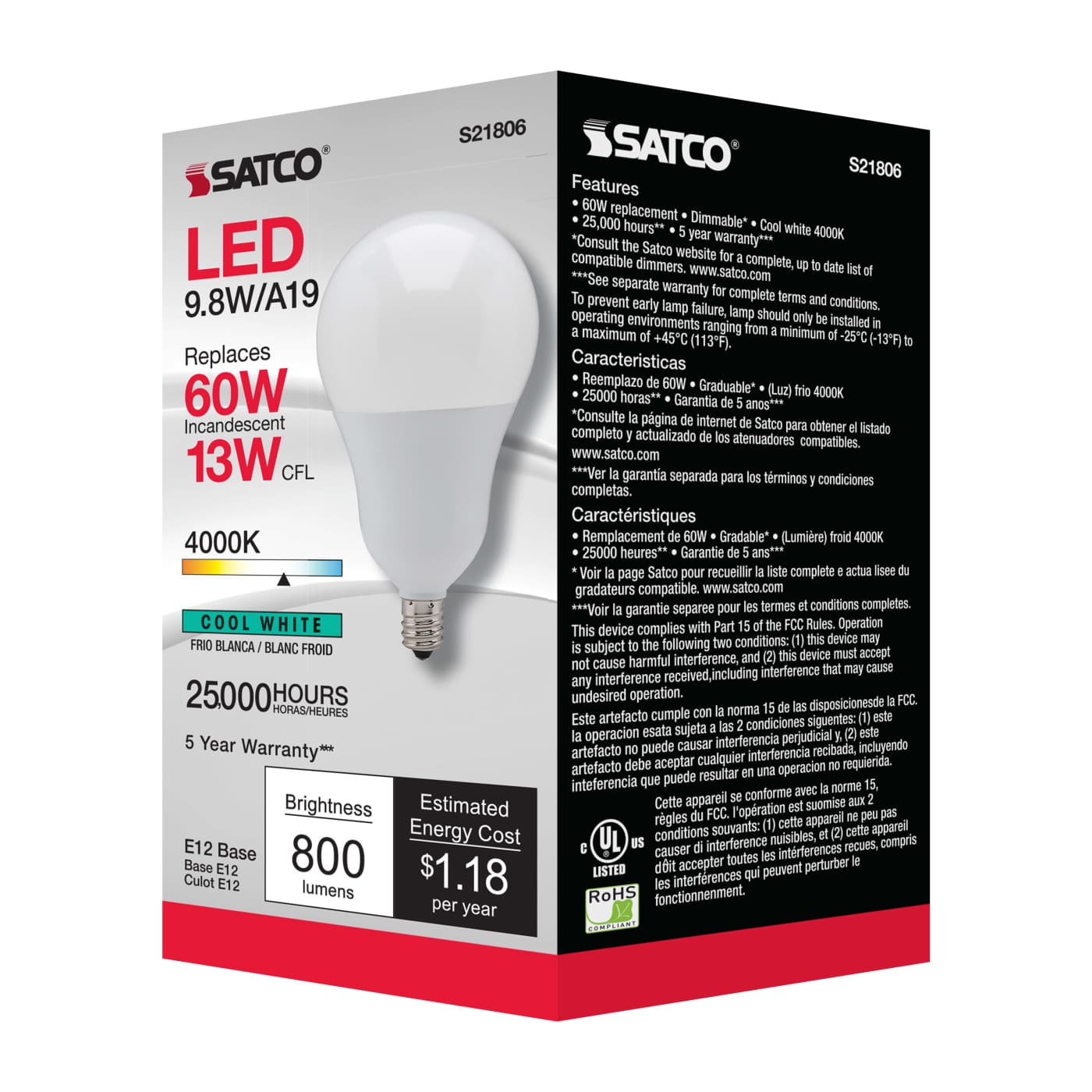 9.8A19/OMNI/220/LED/E12/40K - S21806