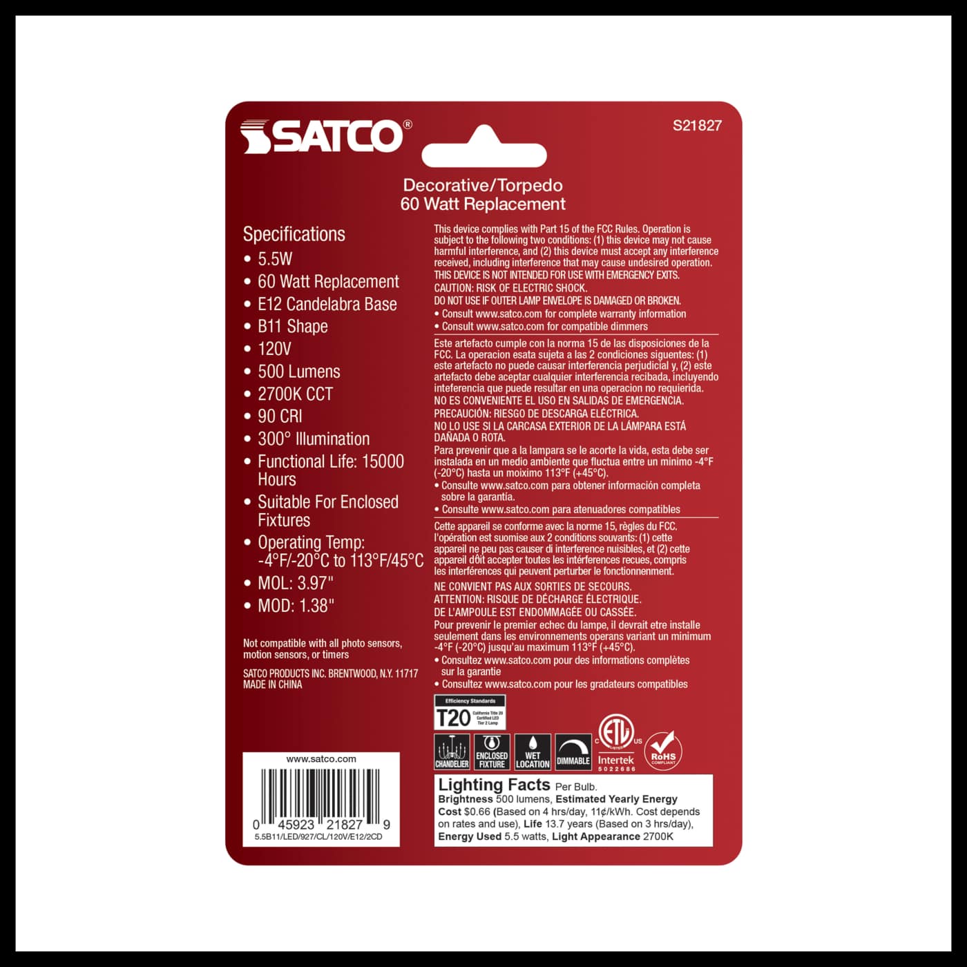 5.5B11/LED/927/CL/120V/E12/2CD - S21827