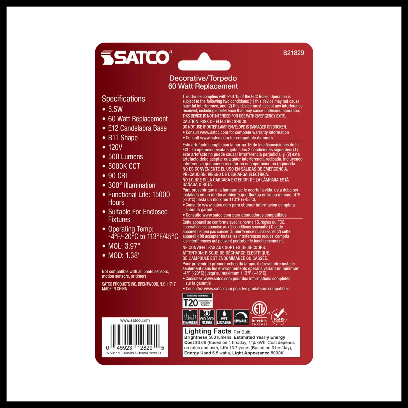 5.5B11/LED/950/CL/120V/E12/2CD - S21829