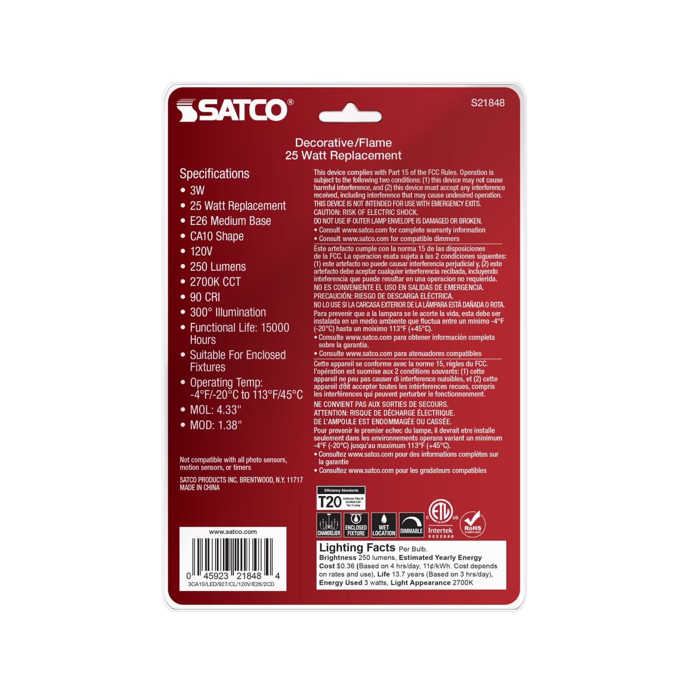 3CA10/LED/927/CL/120V/E26/2CD - S21848