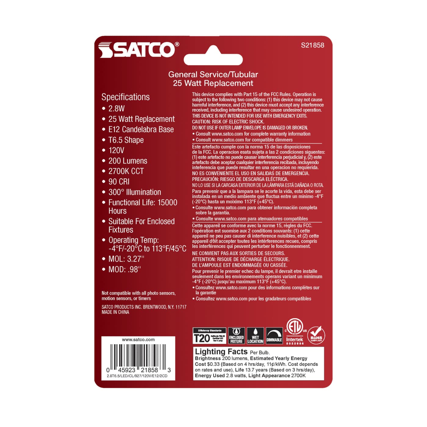 2.8T6/LED/CL/927/120V/E12/2CD - S21858