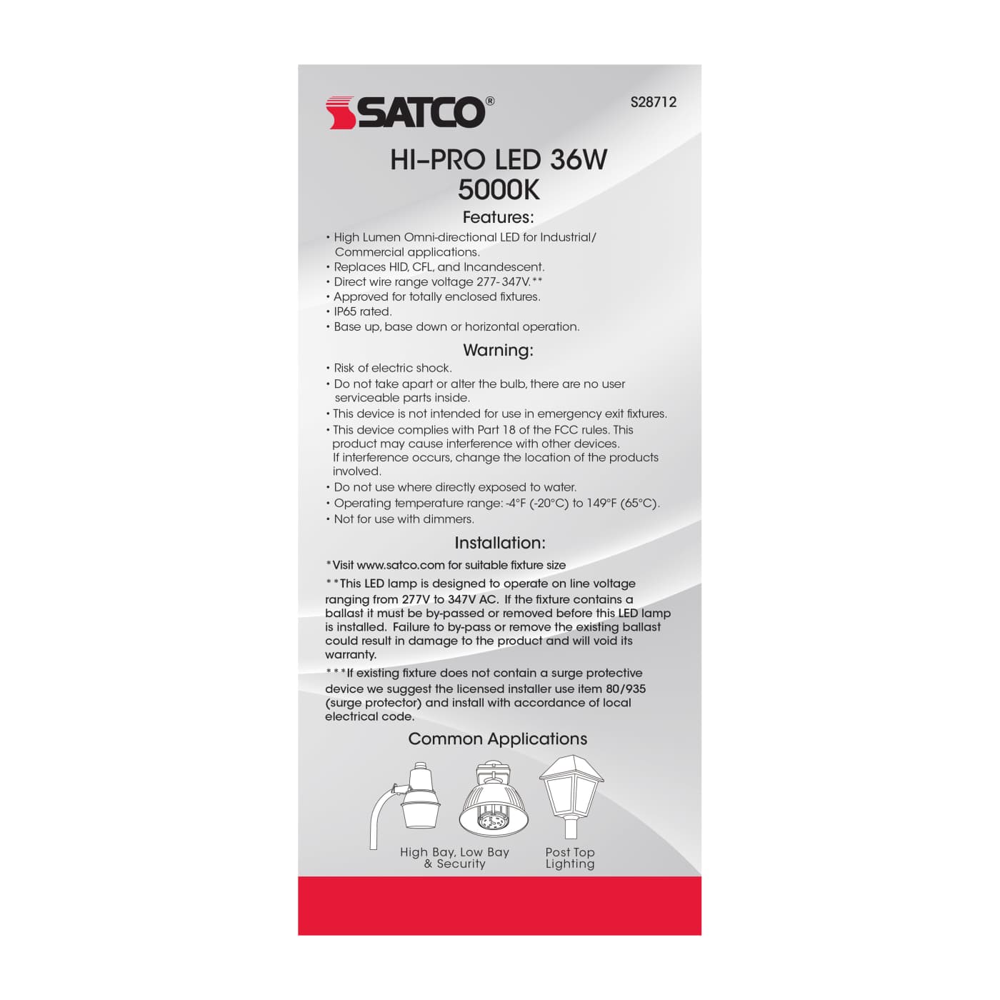 36W/LED/HID/5000K/277-347V/E26 - S28712