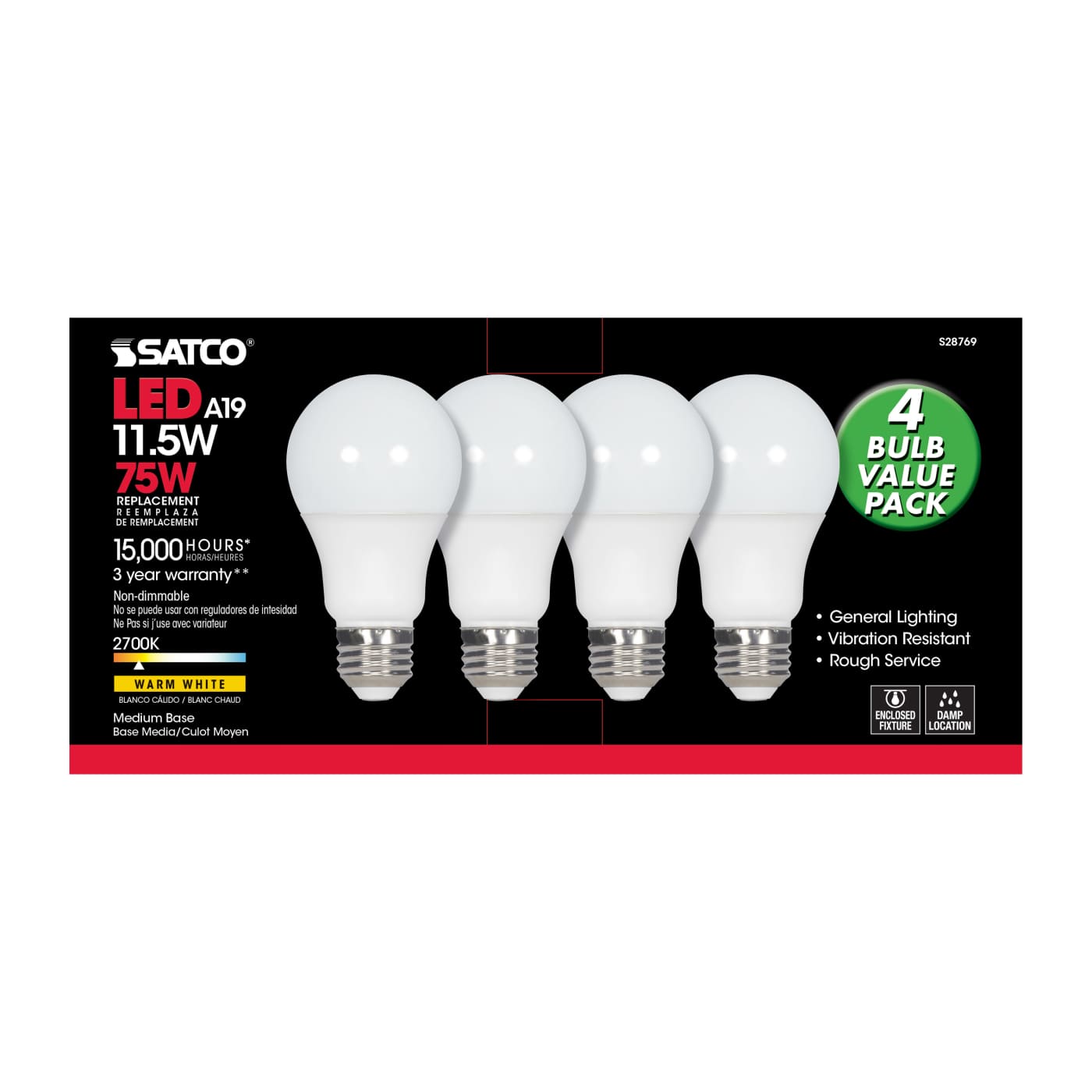 11.5A19/LED/27K/ND/120V/4PK - S28769