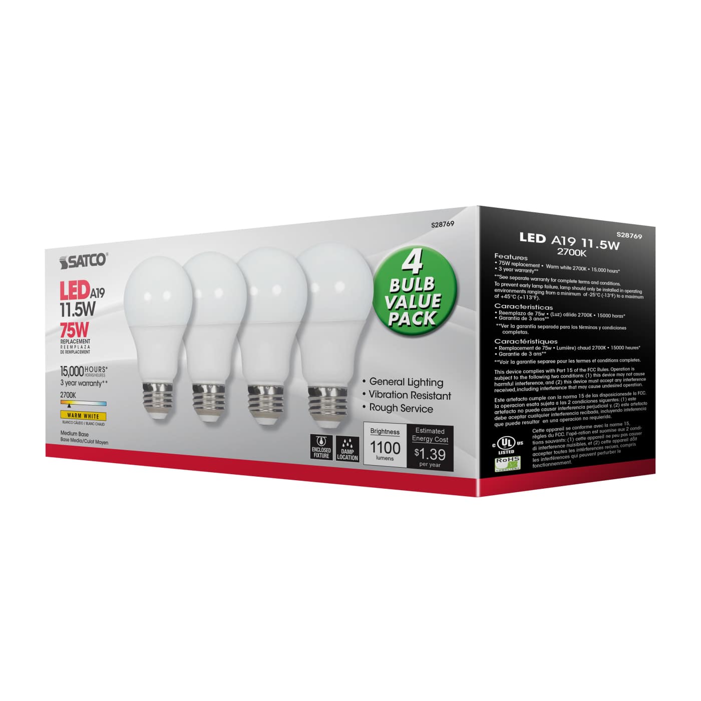 11.5A19/LED/27K/ND/120V/4PK - S28769