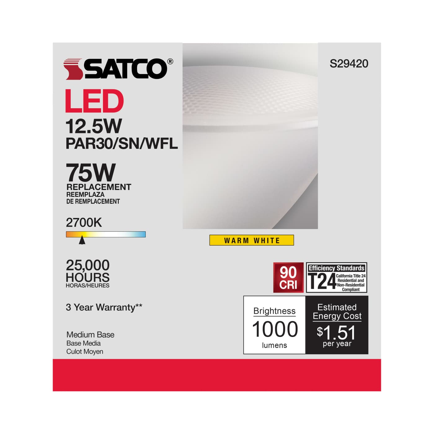 12.5PAR30/SN/LED/60'/927/120V - S29420