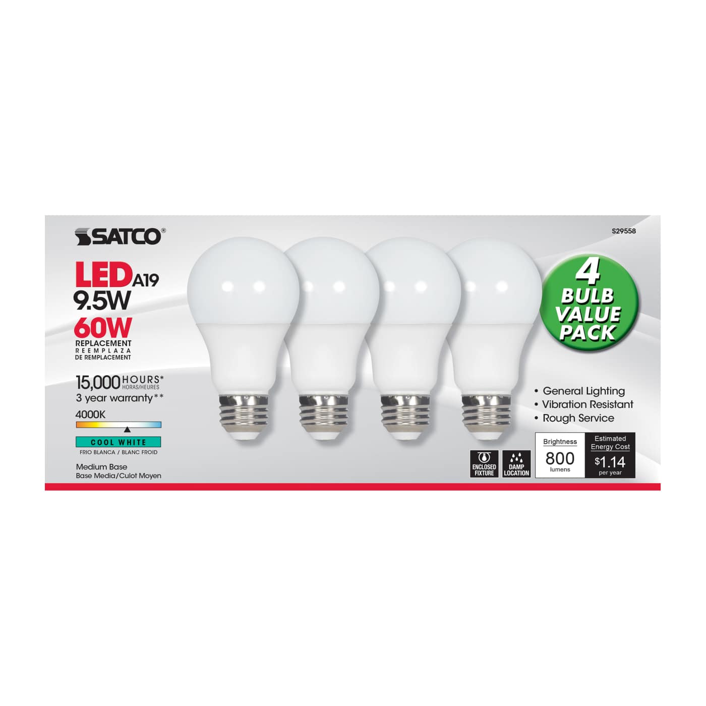 9.5A19/LED/40K/ND/120V/4PK - S29558