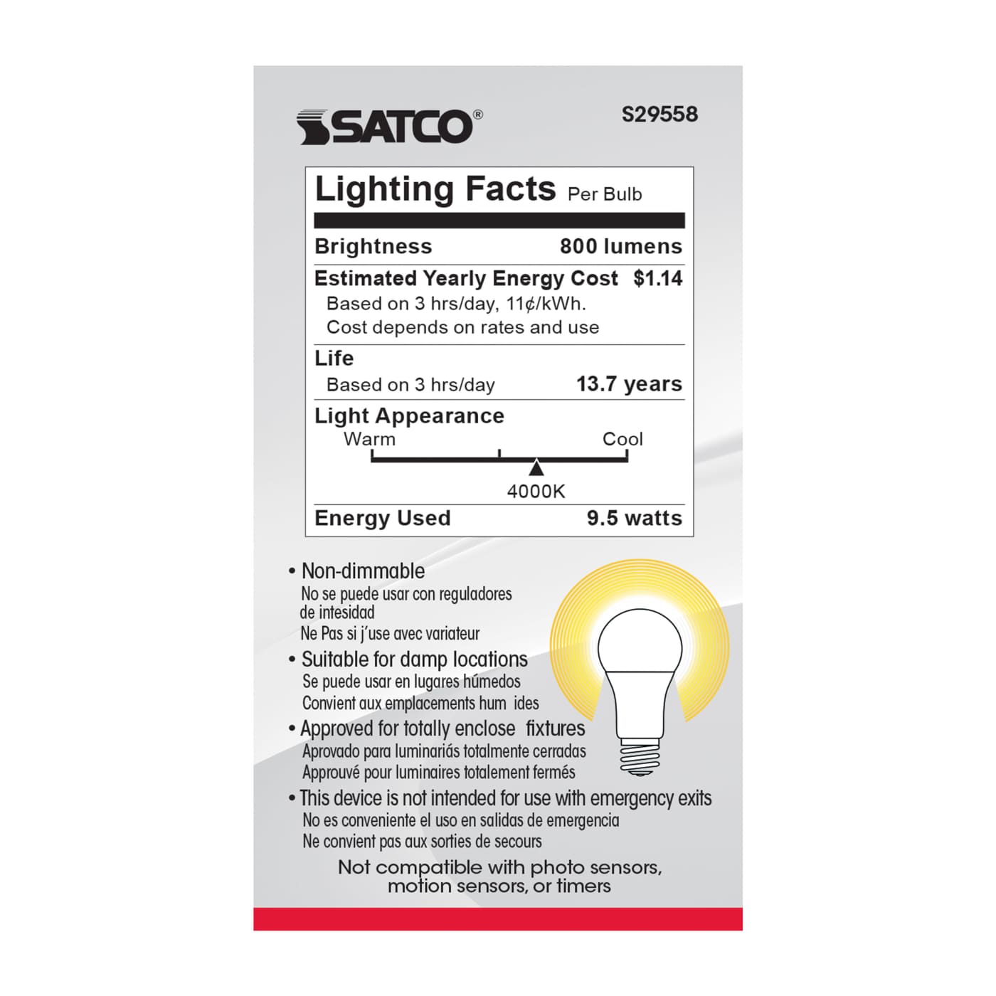 9.5A19/LED/40K/ND/120V/4PK - S29558