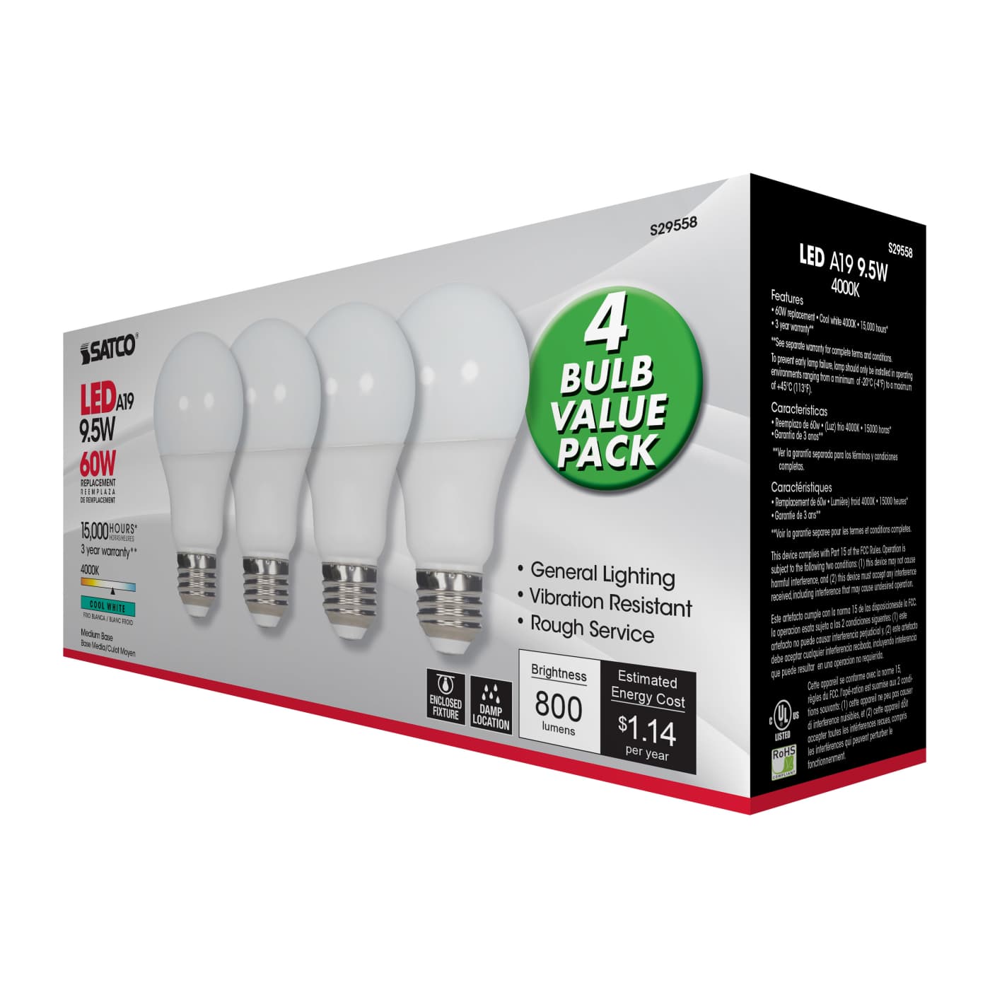 9.5A19/LED/40K/ND/120V/4PK - S29558