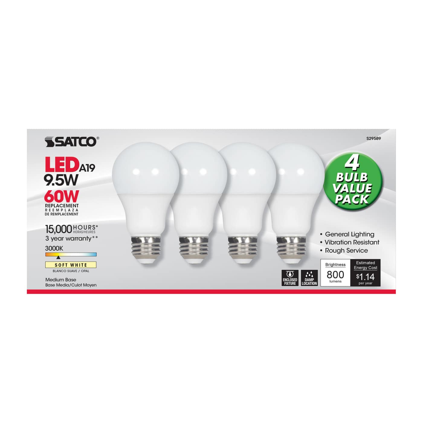 9.5A19/LED/30K/ND/120V/4PK - S29589