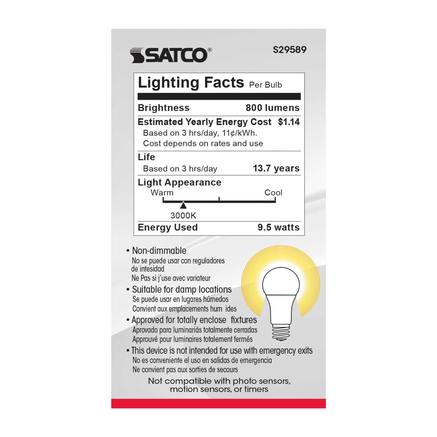 9.5A19/LED/30K/ND/120V/4PK - S29589