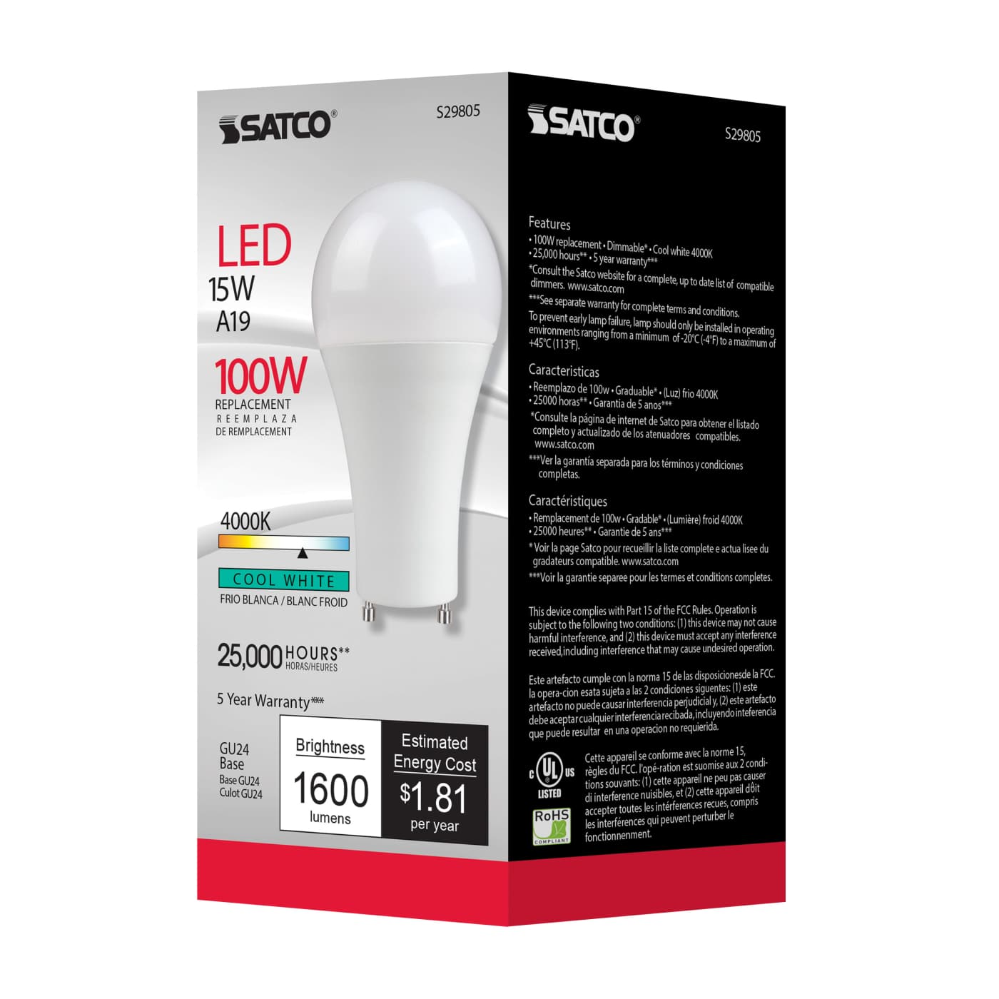 15A19/LED/40K/1600/120V/GU24 - S29805