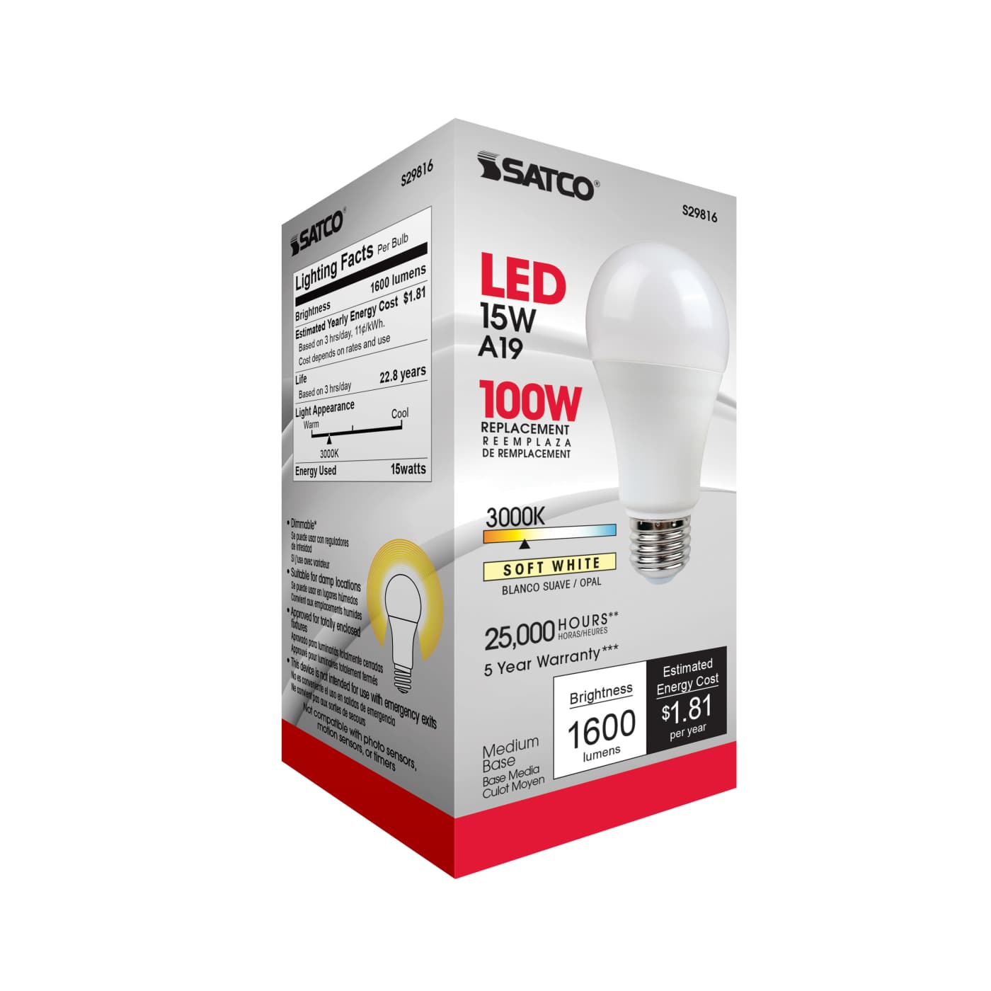 15A19/LED/3000K/1600L/120V/D - S29816