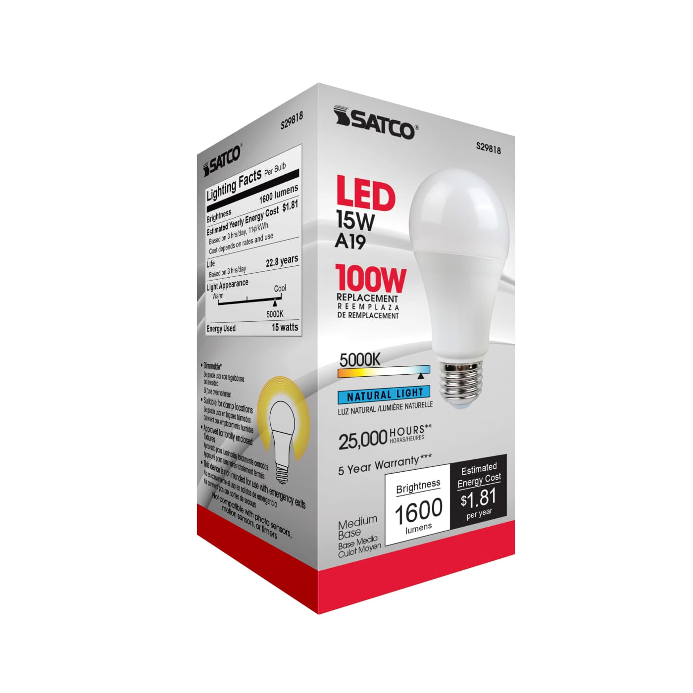 15A19/LED/5000K/1600L/120V/D - S29818