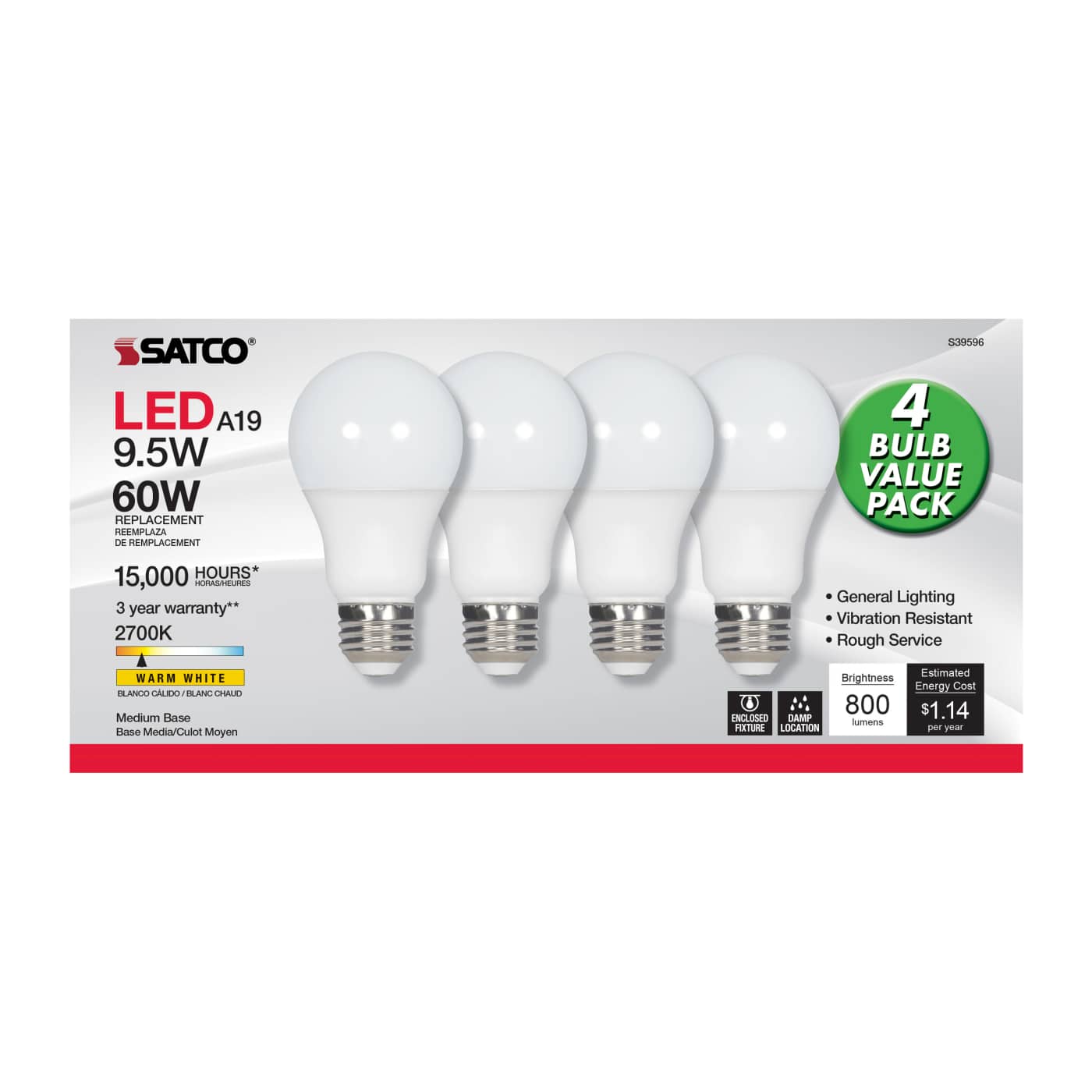 9.5A19/LED/827/ND/120V/4PK - S39596