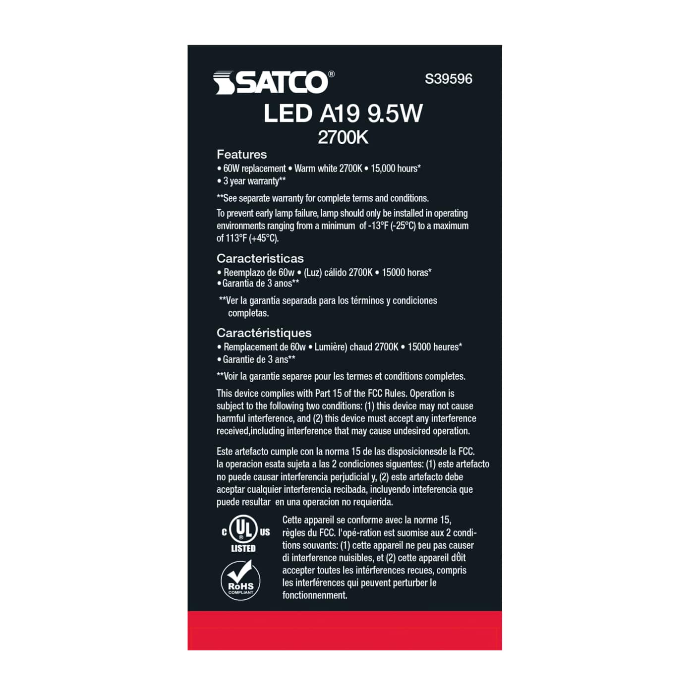 9.5A19/LED/827/ND/120V/4PK - S39596