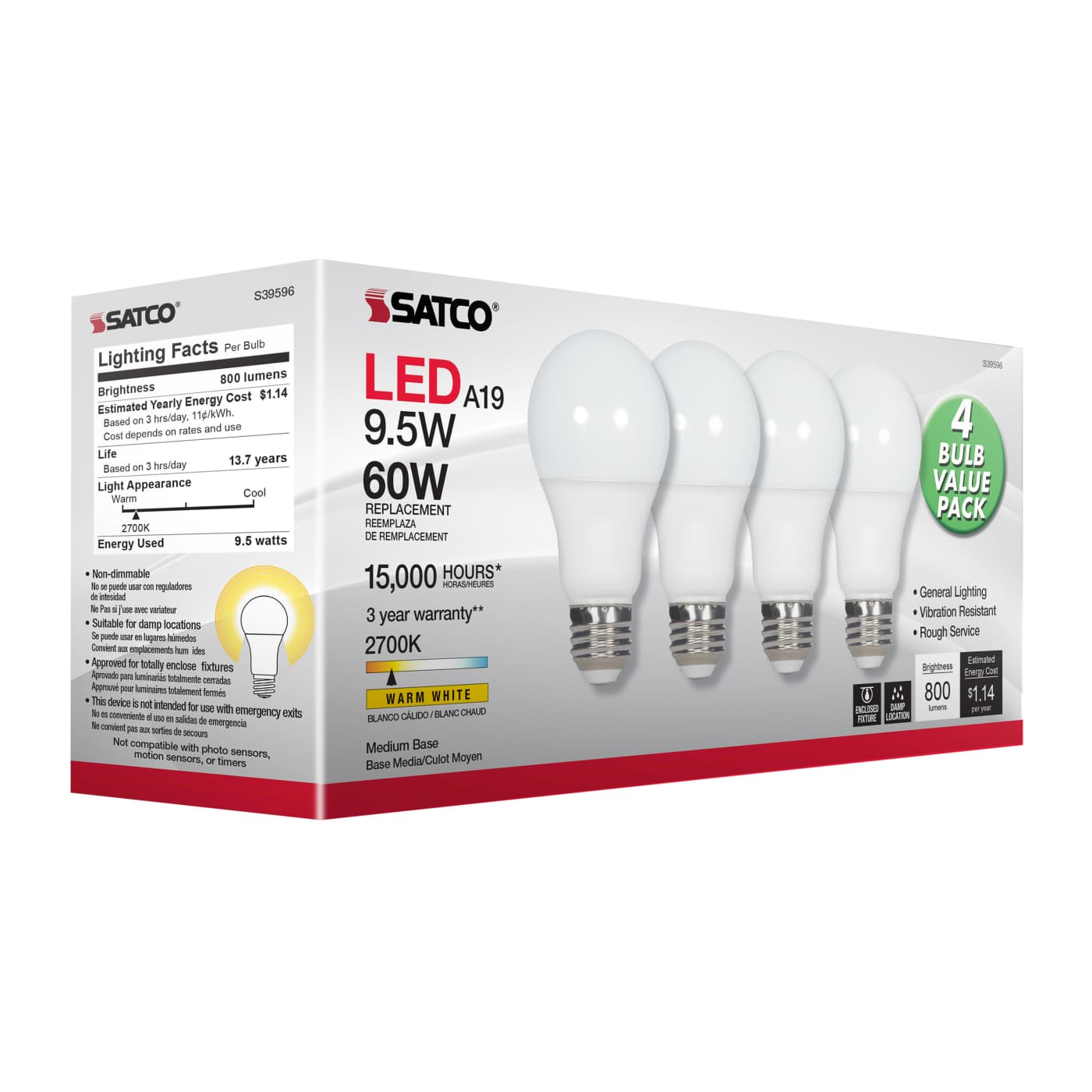 9.5A19/LED/827/ND/120V/4PK - S39596