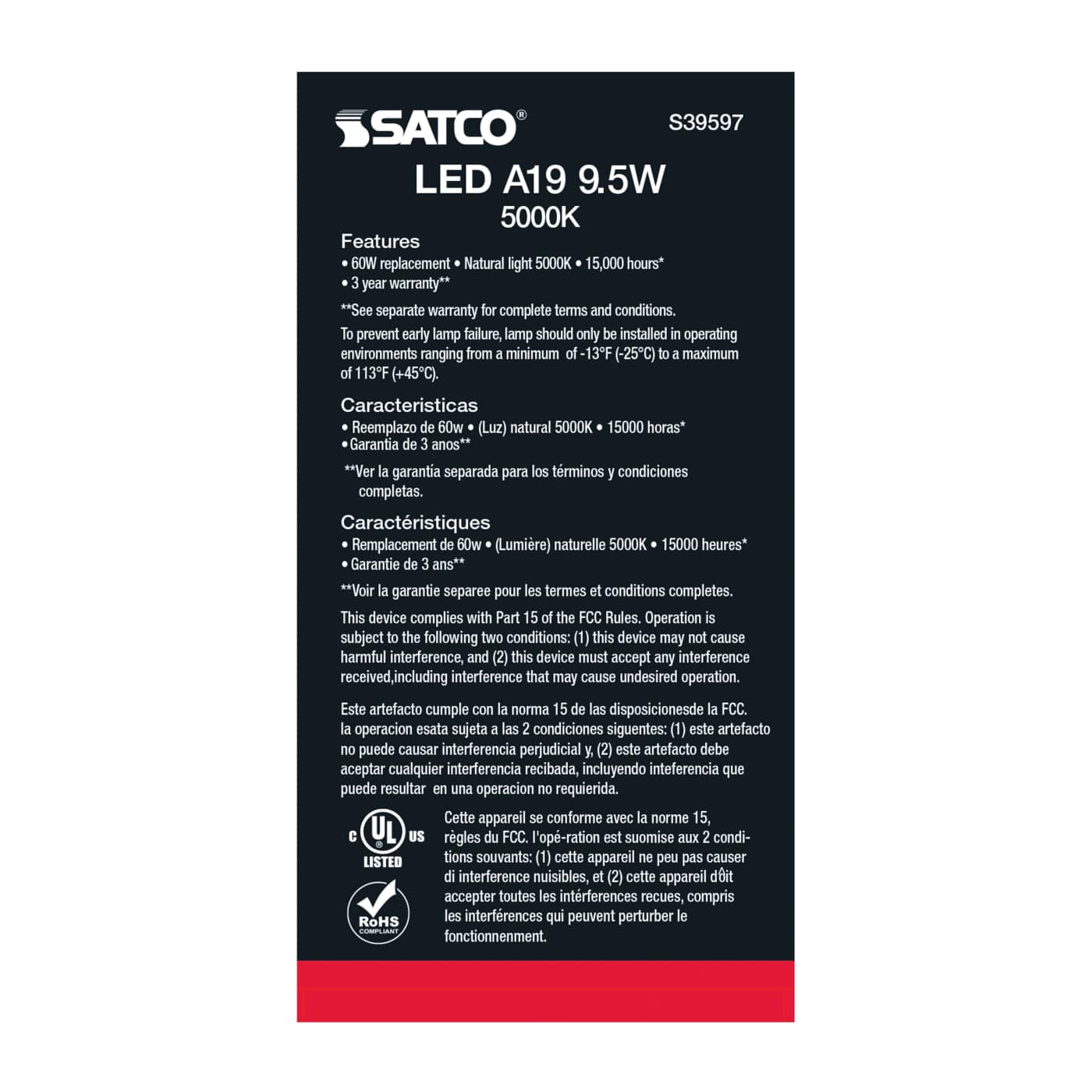 9.5A19/LED/850/ND/120V/4PK - S39597