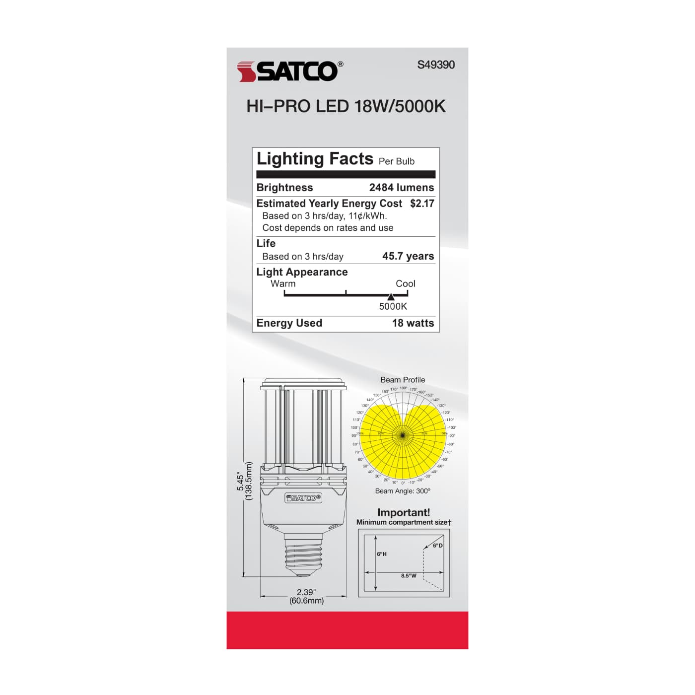 18W/LED/HP/850/100-277V/E26 - S49390