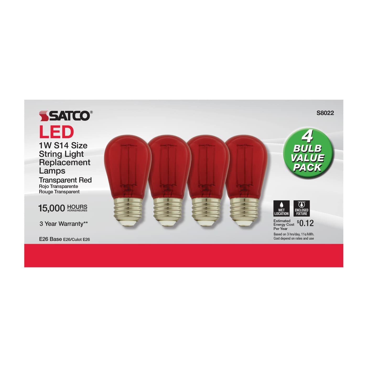 1W/LED/S14/RED/120V/ND/4PK - S8022