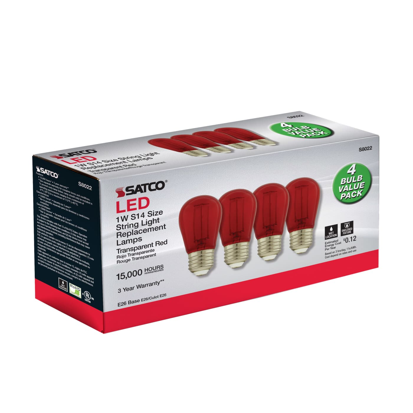 1W/LED/S14/RED/120V/ND/4PK - S8022