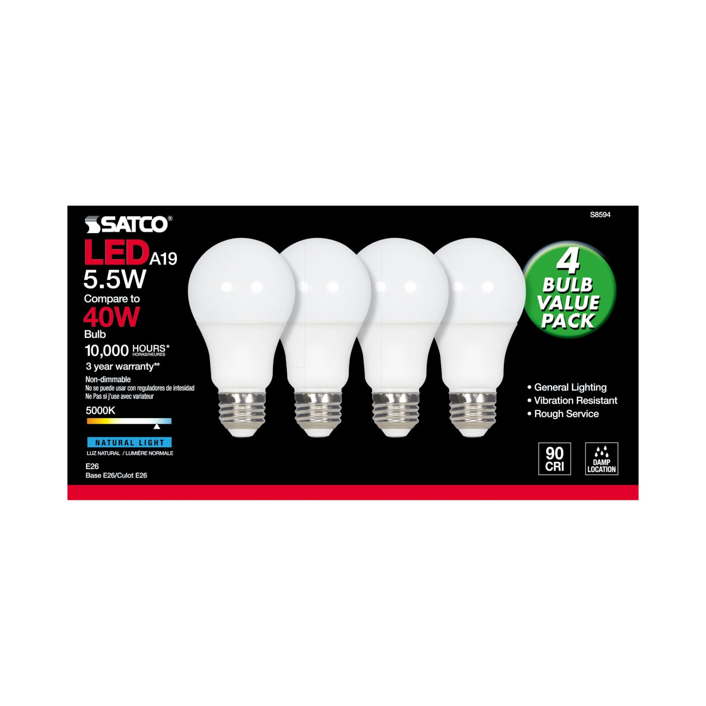 5.5A19/LED/5000K/ND/120V/4PK - S8594
