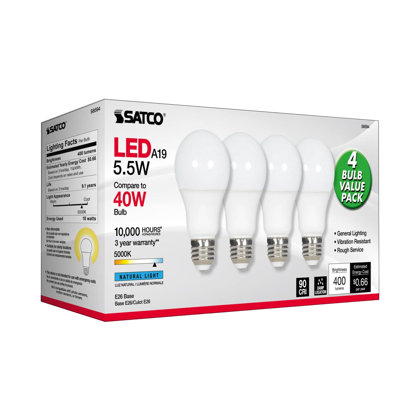 5.5A19/LED/5000K/ND/120V/4PK - S8594