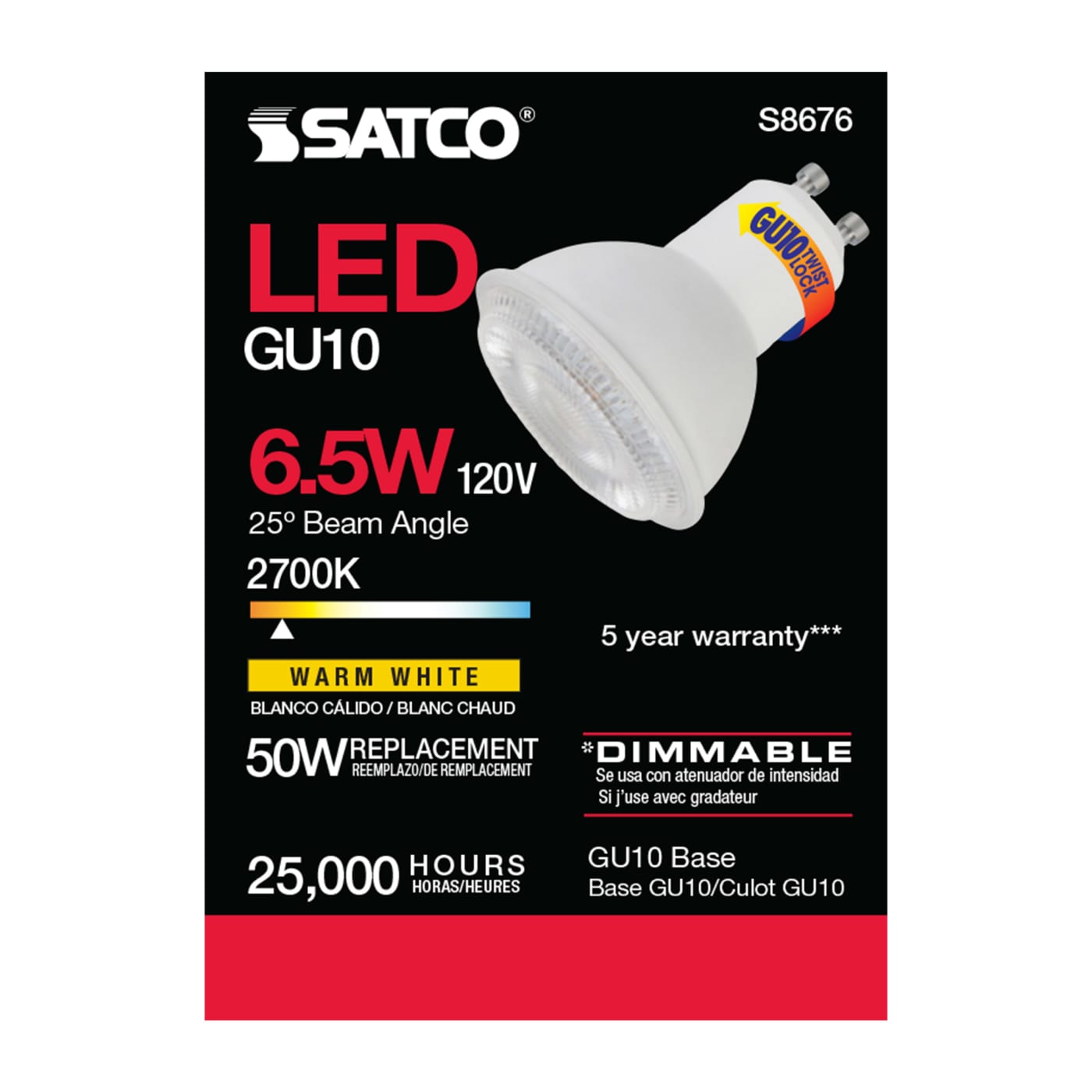 6.5MR16/LED/25'/27K/120V/GU10 - S8676
