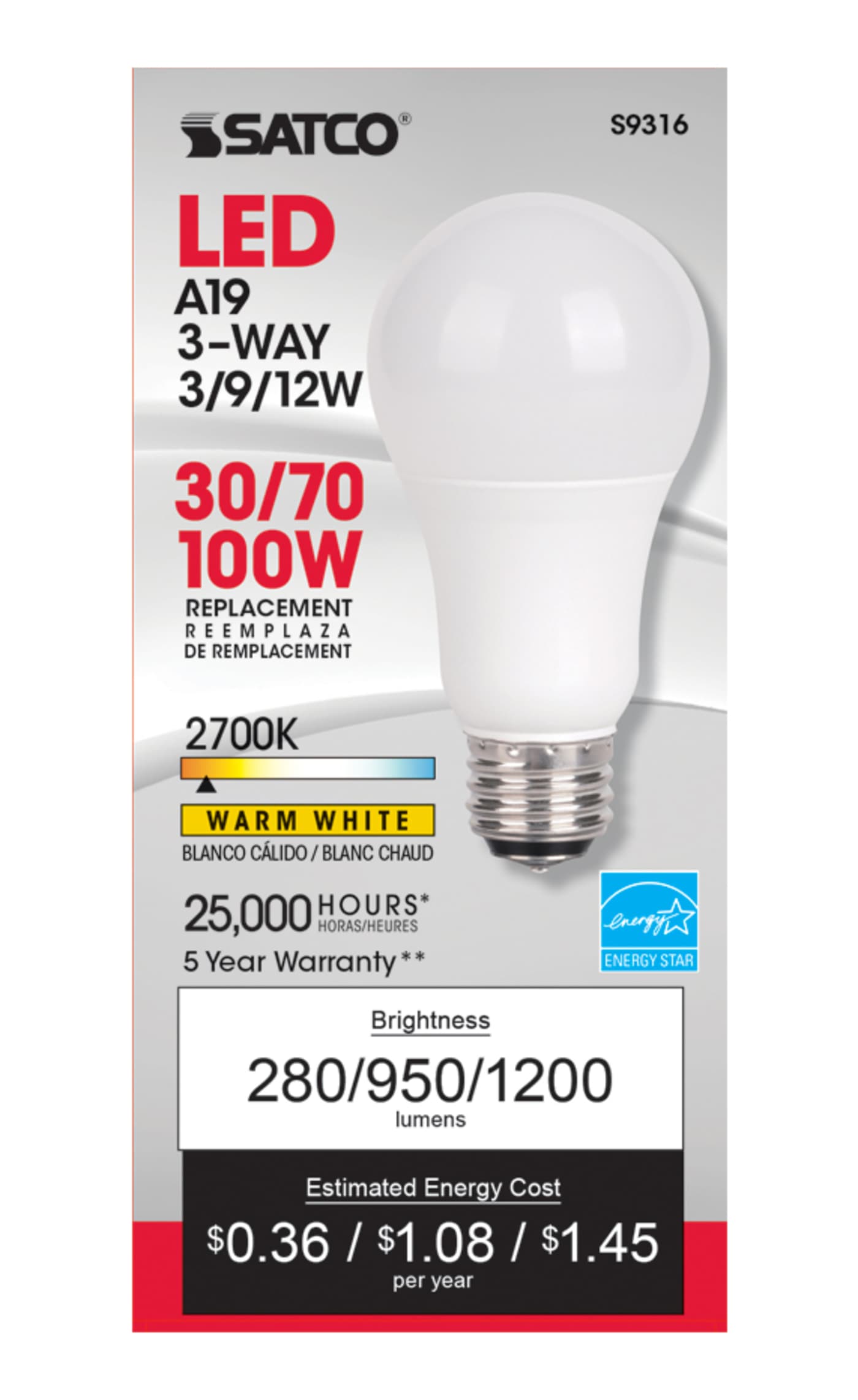 3/9/12A19/3WAY LED/2700K/120V - S9316
