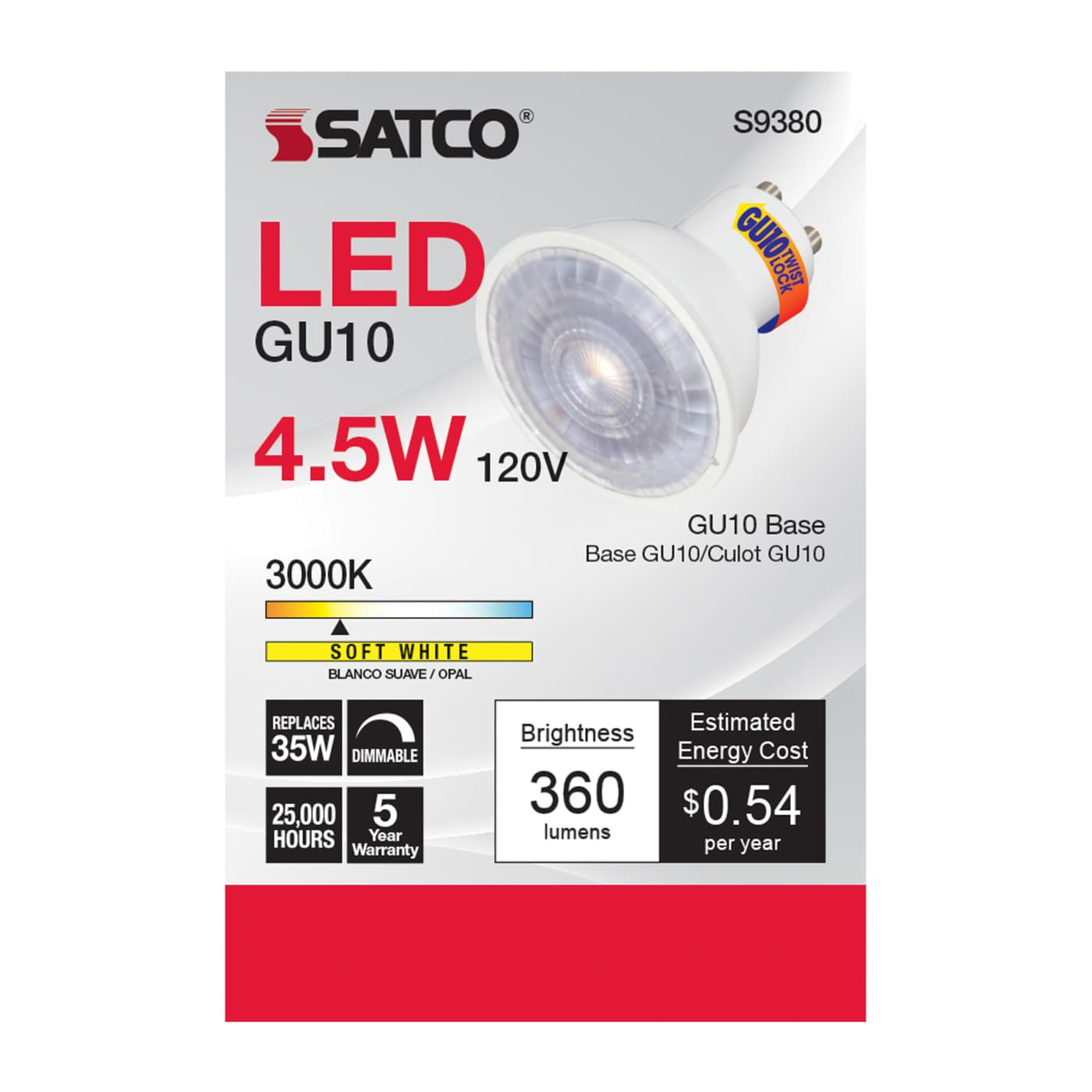 4.5MR16/LED/40'/830/120V/GU10 - S9380