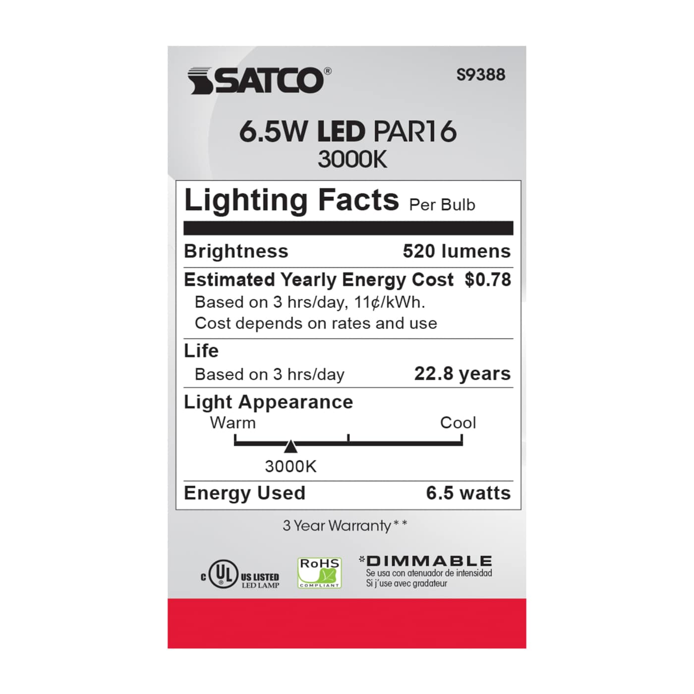 6.5PAR16/LED/40'/3000K/120V - S9388