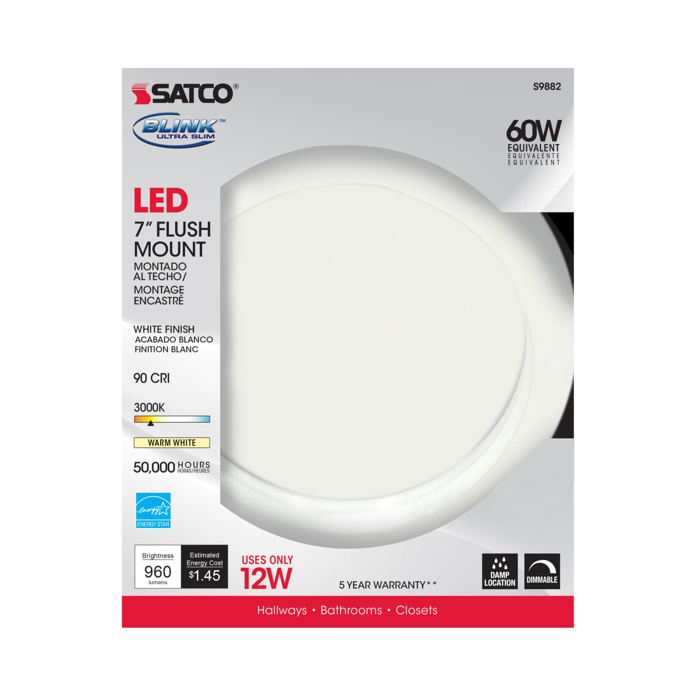 12W/LED/7"FLUSH/3K/WH/SL - S9882