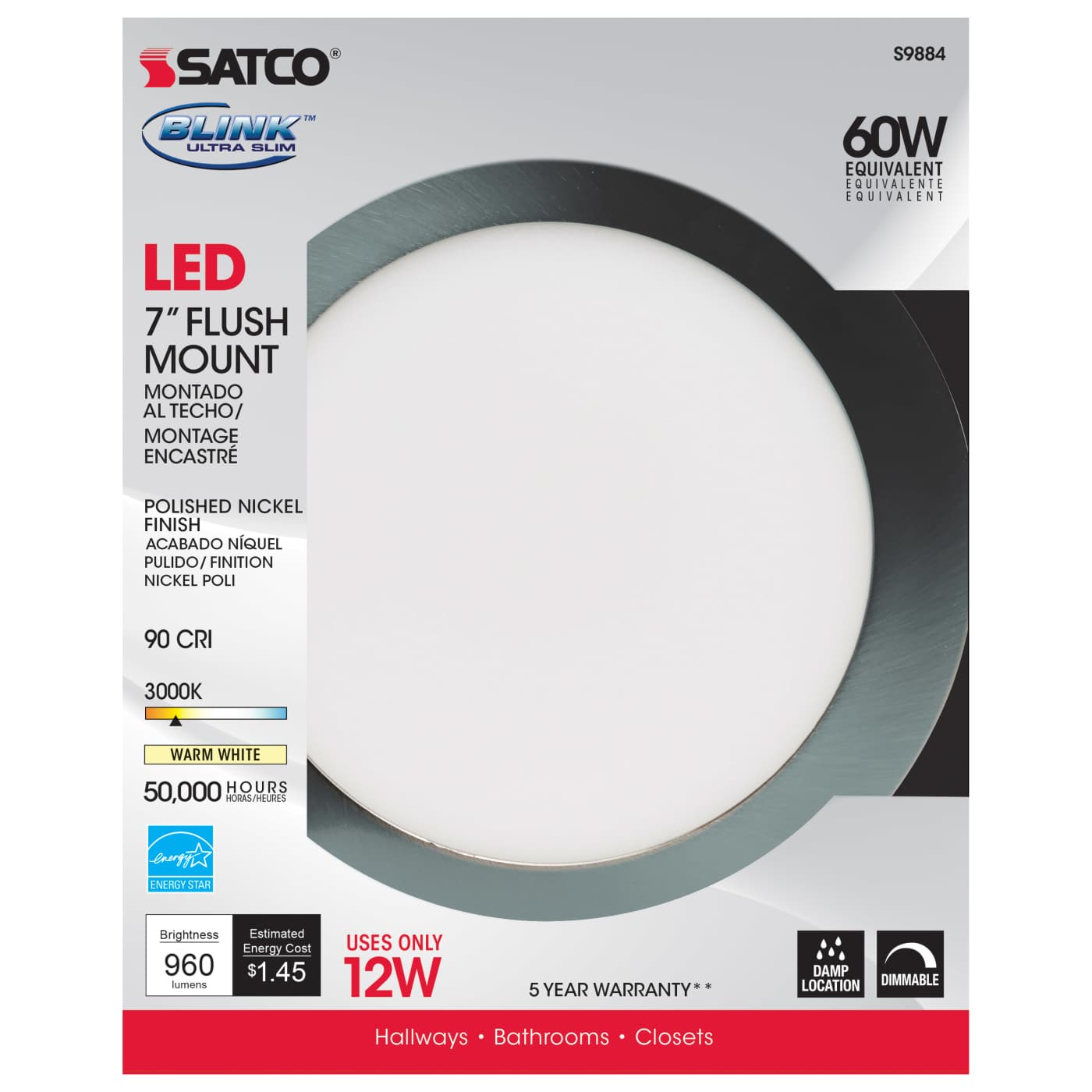 12W/LED/7"FLUSH/3K/PN/SL - S9884