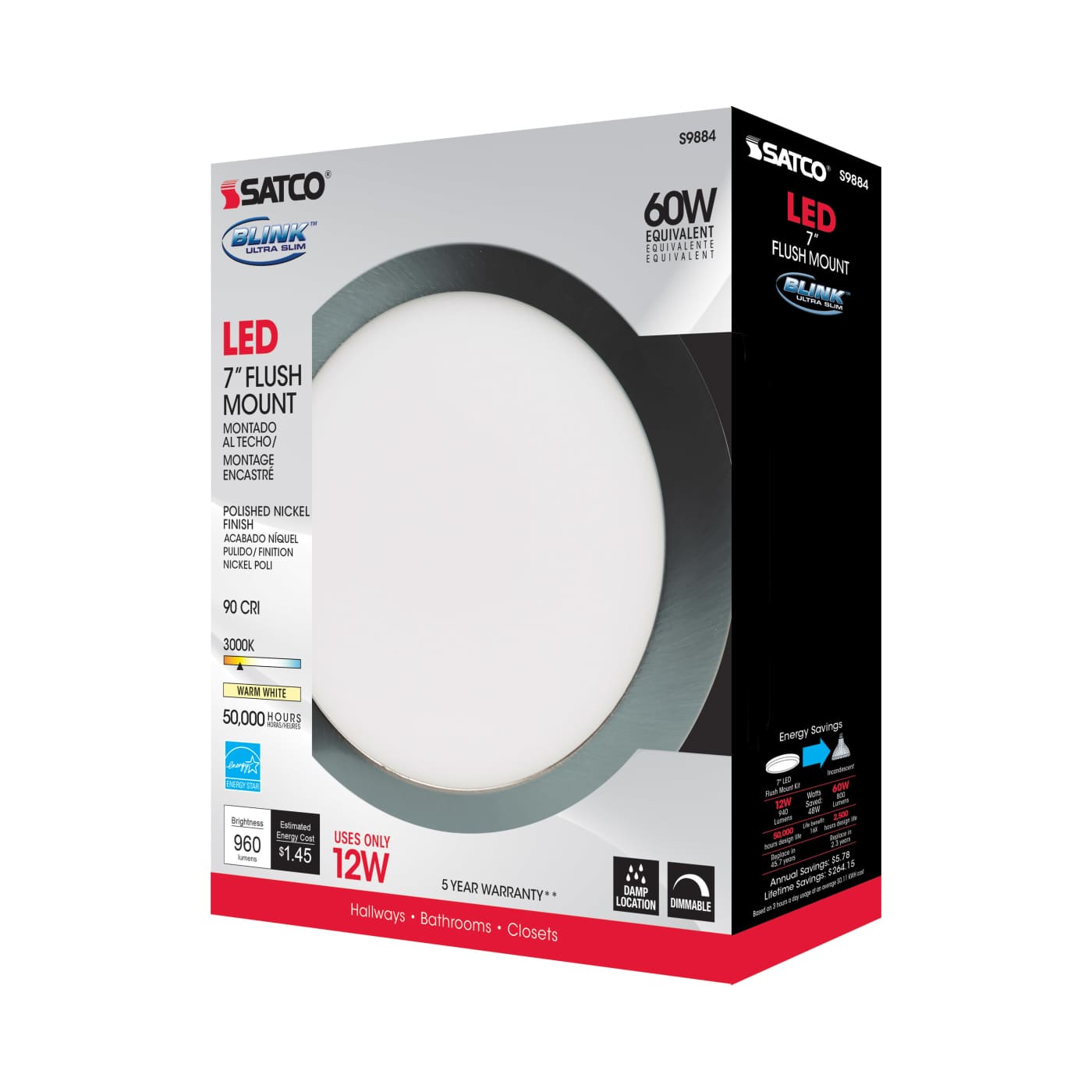12W/LED/7"FLUSH/3K/PN/SL - S9884